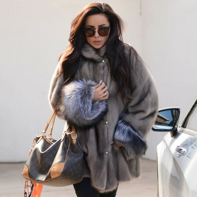 Женская шуба из натурального меха норки, зимняя модная Шуба с рукавами из серебристого лисьего меха и манжетами, роскошная модная шуба из цельного натурального меха норки, 2022