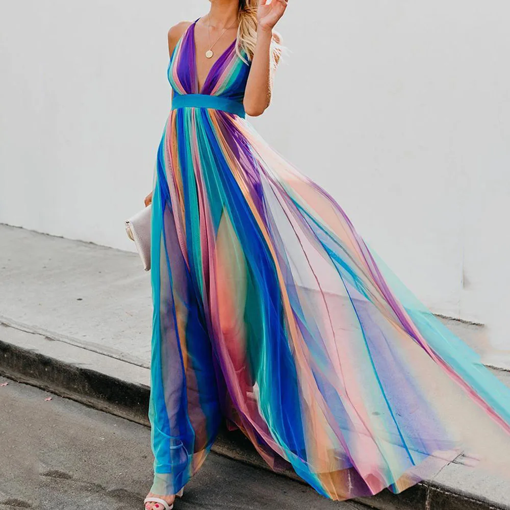 

Women Summer Dress New Women's Casual Sleeveless V-neck Sexy Rainbow Color Dress Fashion Female A-line Fashion Beach Dresses