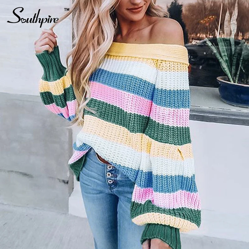

Southpire Sexy Off Shoulder Striped Patchwork Oversize Sweater Woman Rainbow Sweater knitted winter coat female Long Sleeve Top