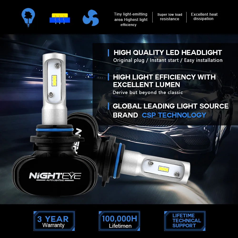 NIGHTEYE 2 шт. CSP H8 H11 лампа 12 В H4 Led H7 H1 Автомобильные фары лампы для авто HB3 HB4 Led Автомобильные 50 Вт 8000лм 6500 К