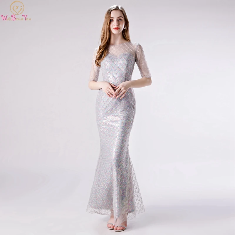 

2019 Gray Mermaid Evening Dresses Beading Sequins O-neck Formal Party Long Gown Elegant Half Sleeves Floor Length robe de soiree