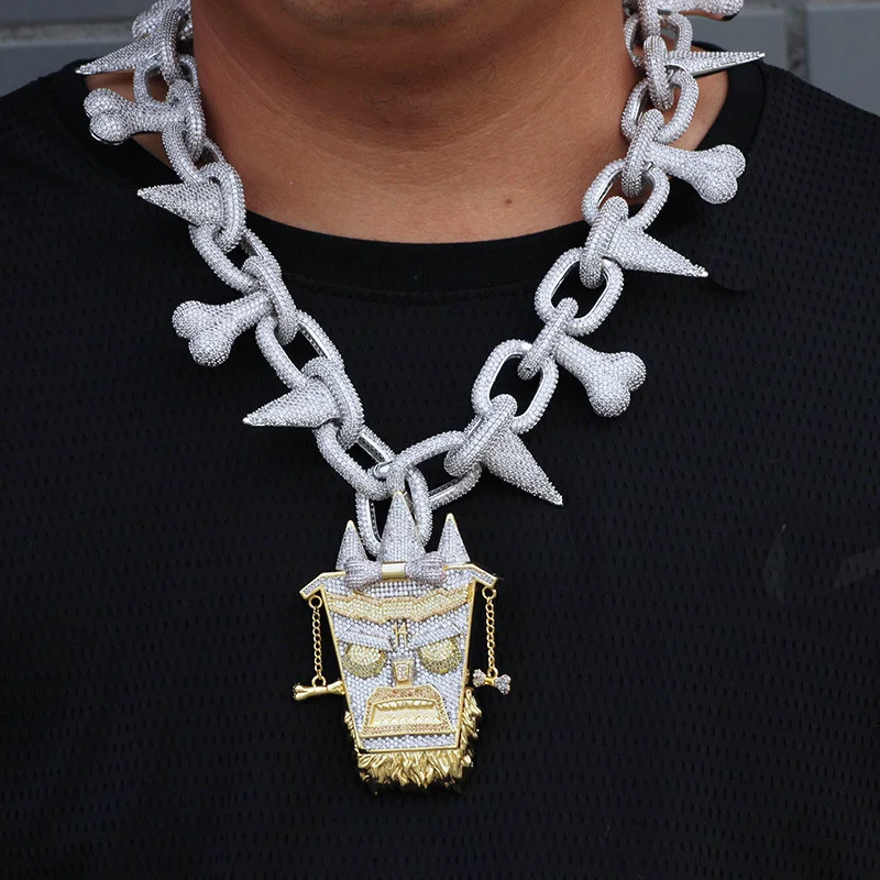 

Bling Ice Out CZ Stone Luxury Big Heavy Rivet Spike Bone Link Chain Necklace Big Indian Pendants for Men Hip Hop Rapper Jewelry