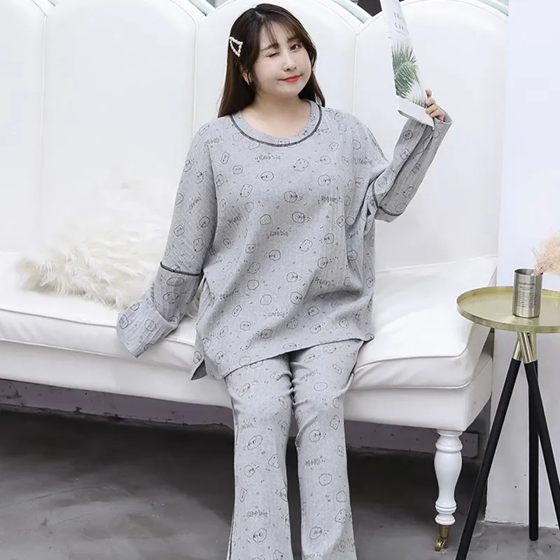 New Fashion Sleepwear Women's Cotton Cute Pajamas Girls Long Sleeve Tops+trousers Cartoon Print Plus Size Pajamas Casual Wear