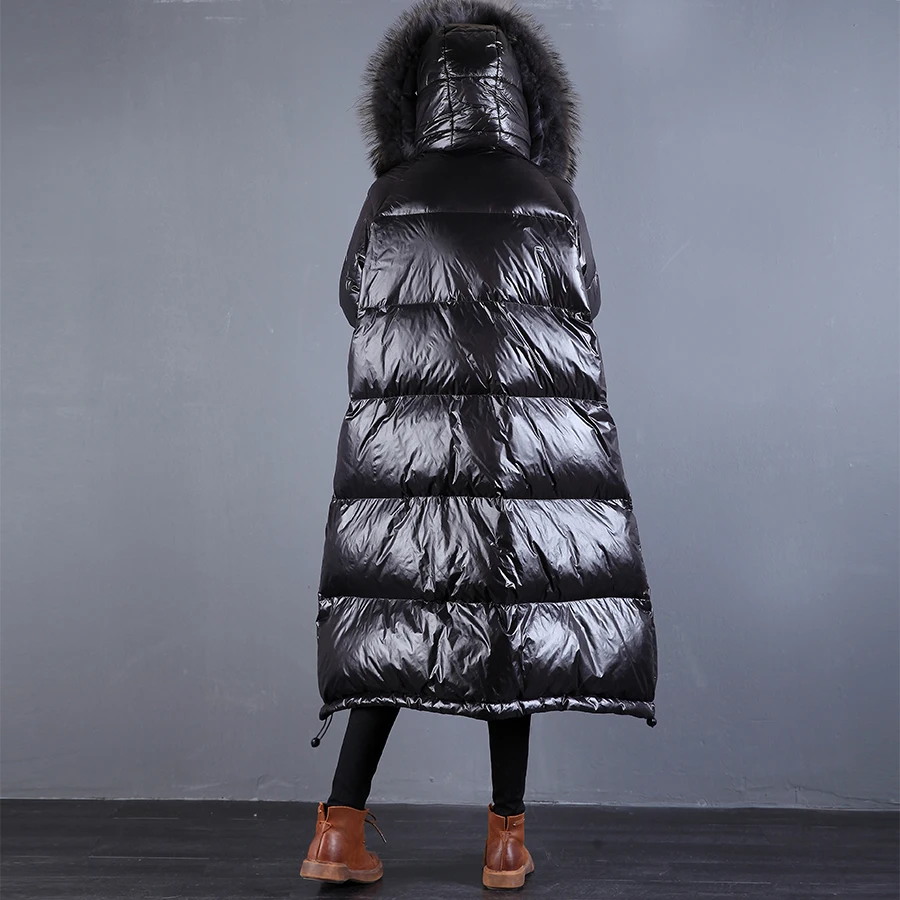 Высококачественное пуховое пальто-парка с натуральным лисьим мехом новая зимняя куртка-пуховик на 90% белом утином пуху длинный черный глянцевый пуховик утепленная верхняя одежда