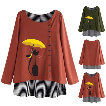 

Blouse Women Gril Button Cartoon Cat Stripe Fake Two Pieces Plus Size Womens Tops And Blouses roupa feminina рубашка женская