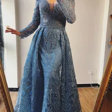 Серен Хилл Дубай синее вечернее платье с длинным рукавом v-образным вырезом ручной работы Кристальное сексуальное кружевное синее арабское официальное вечернее платье для вечеринки CLA70159