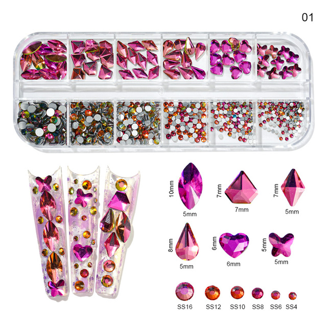 Rhinestones Nail Art Decoration 3D Multi Size AB Flatback Crystal Gems Glitter Nail Art Luxurious Decorations 12 Girds