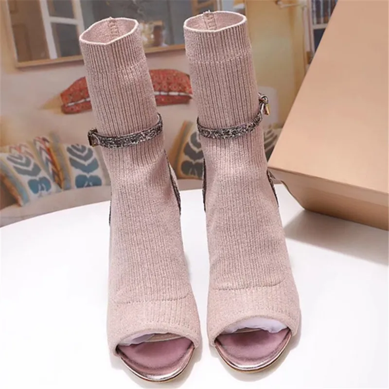 Stretch Fabric Boots Women Peep Toe Chic Fuchsia Shoes Woman Bling Strap Solid Zapatos De Mujer Sequins Bling Heel Botas Mujer