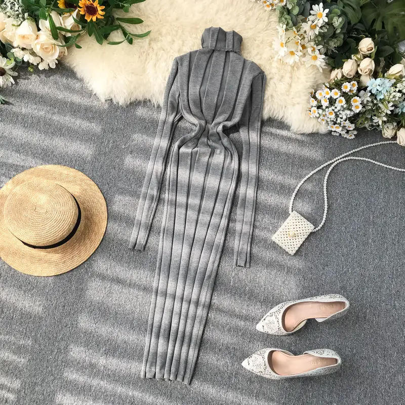 

LUOSHA Women Autumn Winter Turtleneck Striped Knitted Bottom Straight Dress Female Slim Sheath Sweater Dresses Casual Vestidos