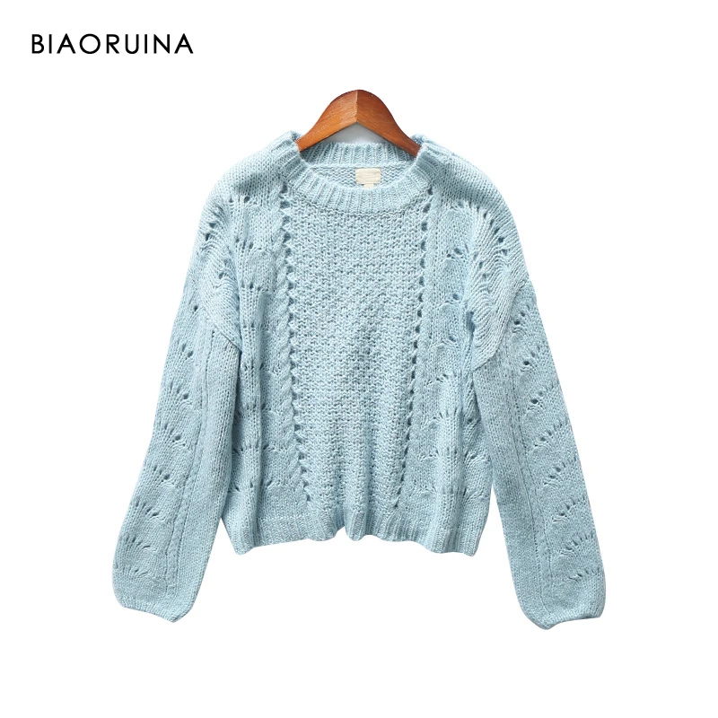 

BIAORUINA 4 Color Women's Korean Style Solid Hallow Out O-neck Knit Pullover Female Loose Fashion Short Sweater New Arrival