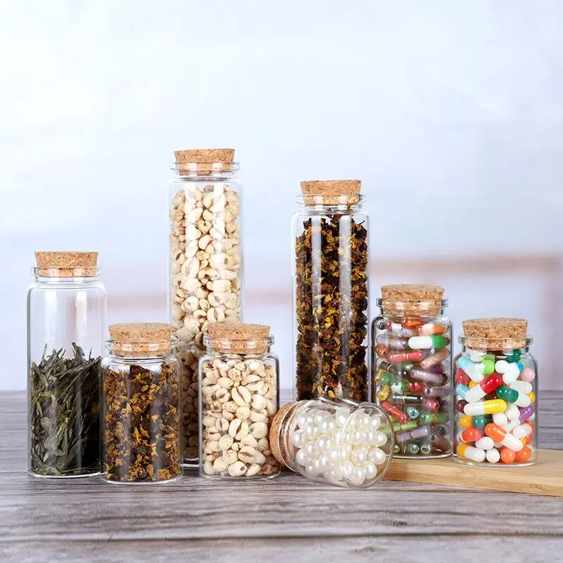 8pcs 50/60/90/100/120/150/200/240/260ml Big Transparent Cork Stopper Glass Bottles Jar Vials Caddy Storage Jars Container