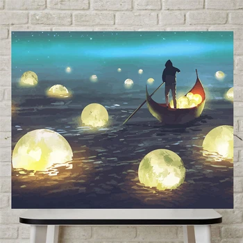 

SEAAN Moon And Boat Wall Art Oil Print Paintings Abstract Picture for Home Decor Living Room No Fram Chemical Fiber Cloth