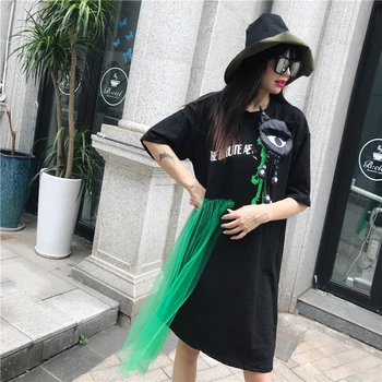 

2019 European station Thailand tide brand Harajuku port wind stereo doll doll gauze stitching large size short sleeve