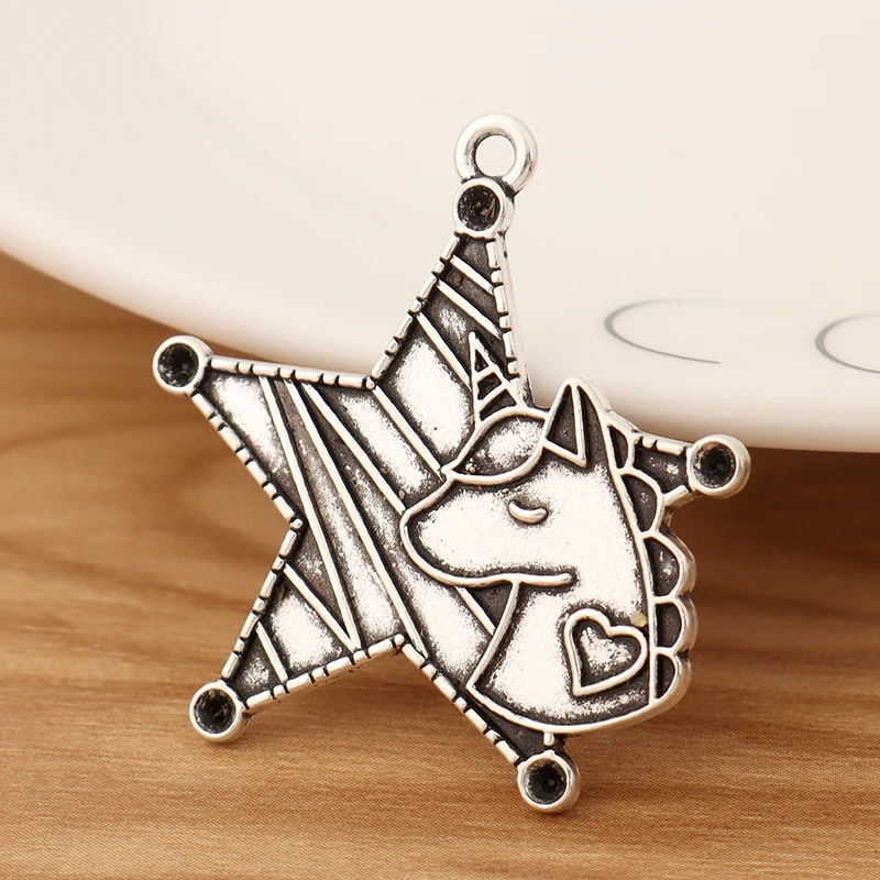 

10 Pieces Tibetan Silver Pentagram Star with Unicorn Charms Pendants for Necklace Jewellery Making Findings Accessories 35x33mm