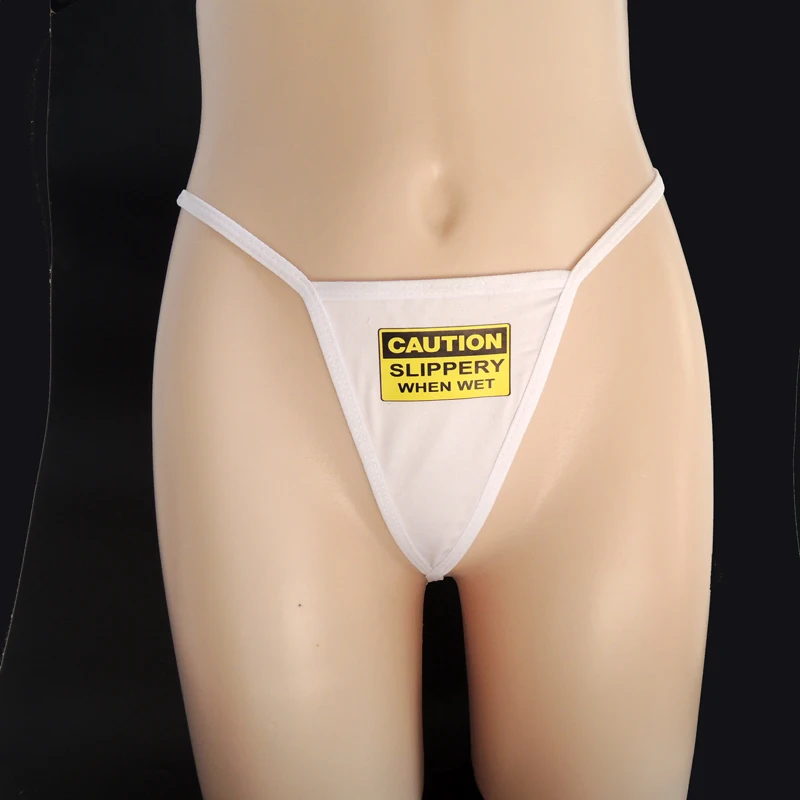 white funny caution slippery wet thong sub swinger cuckold lifestyle panties G string female one size brief sexy th91 - Цвет: white