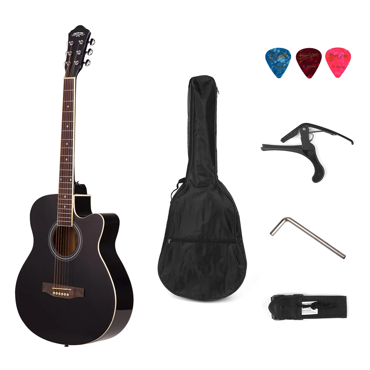 

40inch Cutaway Acoustic Folk Guitar 6 Strings Basswood with Strap Gig Bag Capo Picks