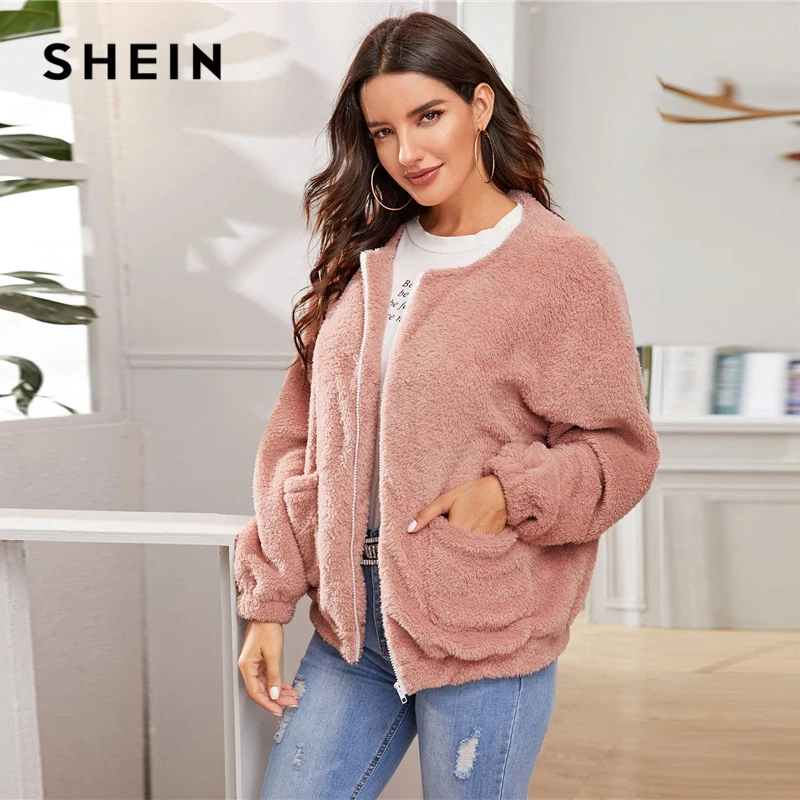 New SHEIN Pink Solid Zipper Front Casual Teddy Jacket Coat Women 2019 Winter Streetwear Long Sleeve Dou