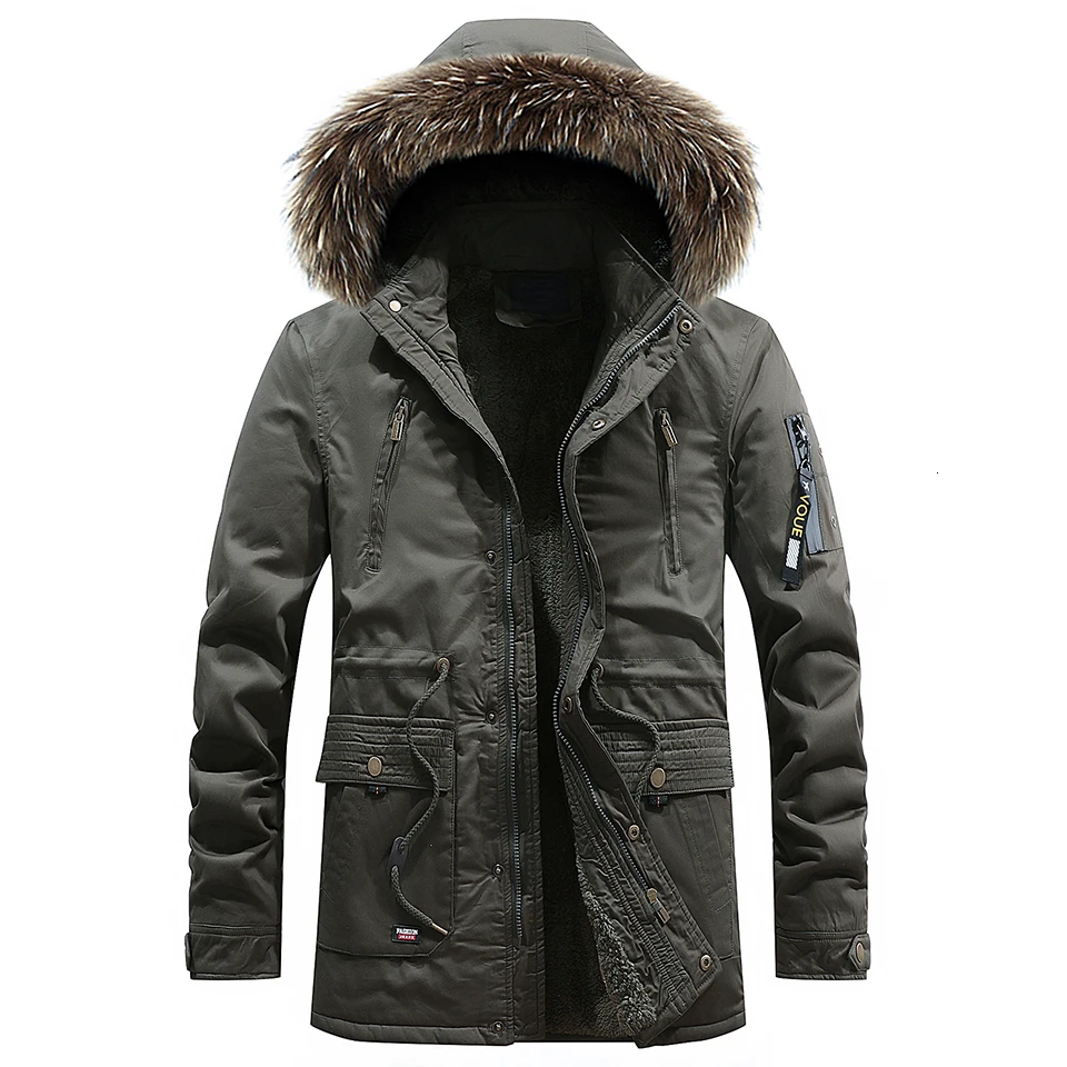 Мужская зимняя длинная Повседневная куртка с меховым воротником и капюшоном, новинка, Мужская модная теплая флисовая Толстая хлопковая парка - Цвет: Army