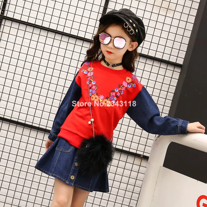 

Girls' Suits Children's Wear Autumn New Middle And Big Kids Leisure Flower Sets Tops +jean Skirt 4-12 Ages