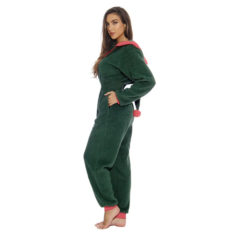 Christmas Day Home Plush Jumpsuit Jester Hat Front Zipper Long Sleeve Casual Loose Hooded Romper Women Overalls O8