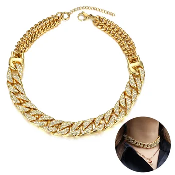 

14mm Big Chunky Punk Miami Choker Collar Necklace for Women Men Gold Iced Out Paved Rhinestones CZ Curb Cuban Necklace DN176