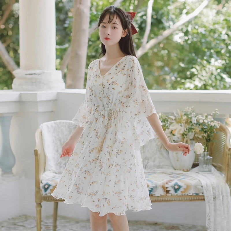 

Floral Short Ssleeved Dress Women Summer 2021 New V-Nneck Temperament Thin Section Waist Sweet Wind Fairy Dress