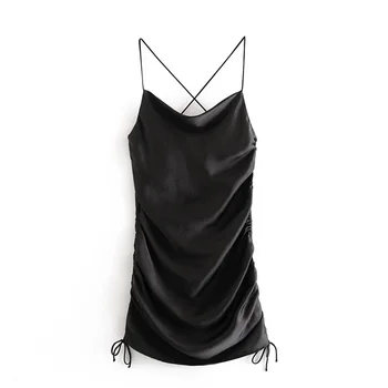 

2020 spring and summer new style draped collar cross thin strap short dress pleated lace silk satin texture dress