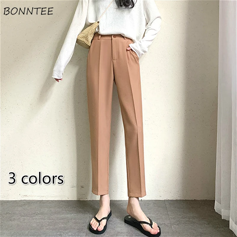 Pantalones sencillos de cintura alta para mujer, pantalón liso de oficina, elegante y suave elegante, moda de verano, color negro