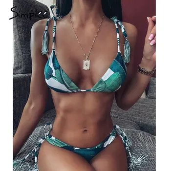 

Simplee Tropical print bikini Triangle swimwear women Tassel bathing suit 2020 Fashion summer bathers String bandage swimsuit