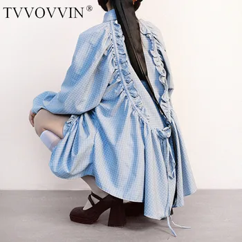 

TVVOVVIN Autumn Winter New Fashion Casual Long Sleeve Loose Blue And White Plaid Drawstring Irregular Lapel Shirt Top Women 62MX