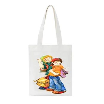 

SCCFMM Cartoon Girl Boy Print Reusable Shopping Bag Women Canvas Tote Bags Fun Printing Eco HandBag Shopper Lady Shoulder Bags