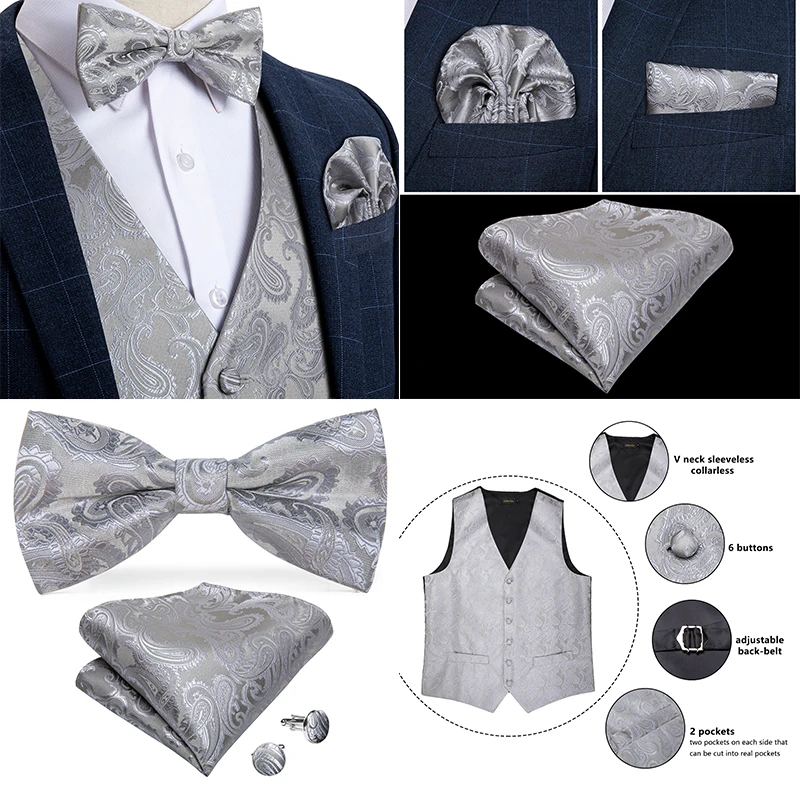 Men's Vest Gold Red White Blue Solid Paisley Silk Wedding Vest For Men Bowtie Hanky Cufflink Cravat Set for Suit Tuxedo DiBanGu