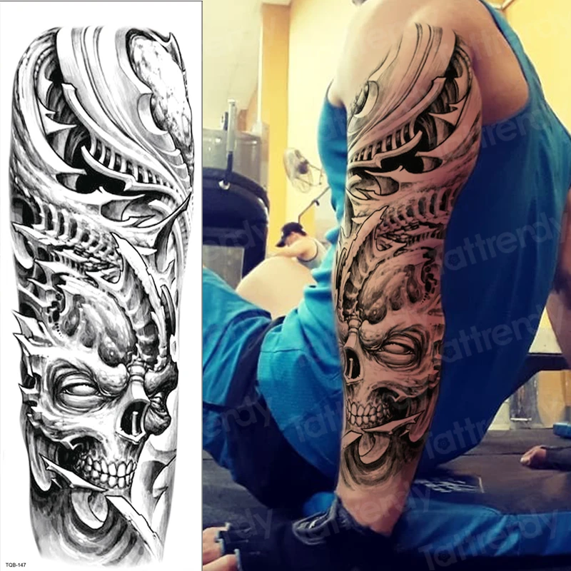 Temporary Tattoo Sticker Large Skull Sleeve Tattoo Designs For Men Shoulder Tattoos Black Full Arm Sleeve Leg Body Sticker Sheet Temporary Tattoos Aliexpress