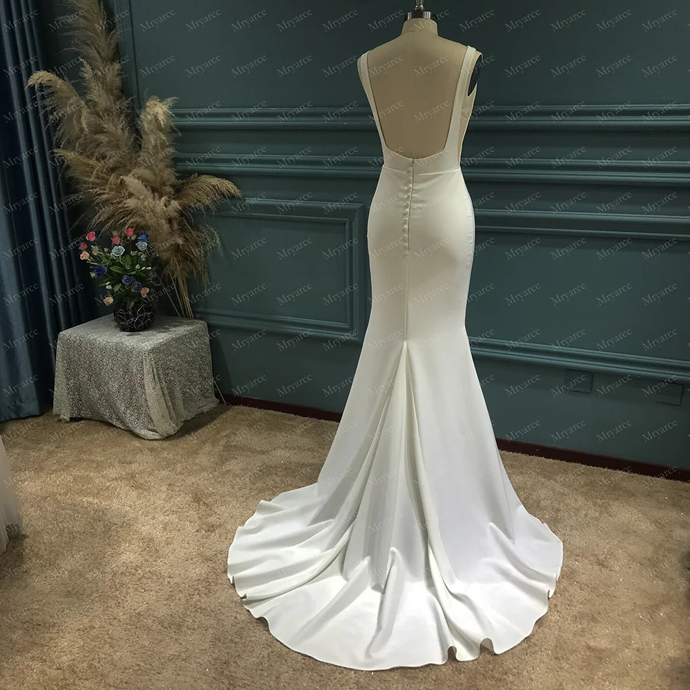 Mryarce Simple Stretch Matte Classic Satin Bateau Crepe Mermaid Wedding Dress  Open Back Bridal Gowns 3