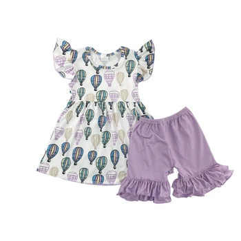 

summer fashion hot air balloon pattern flutter sleeves top with purple icing shorts girl's outfits