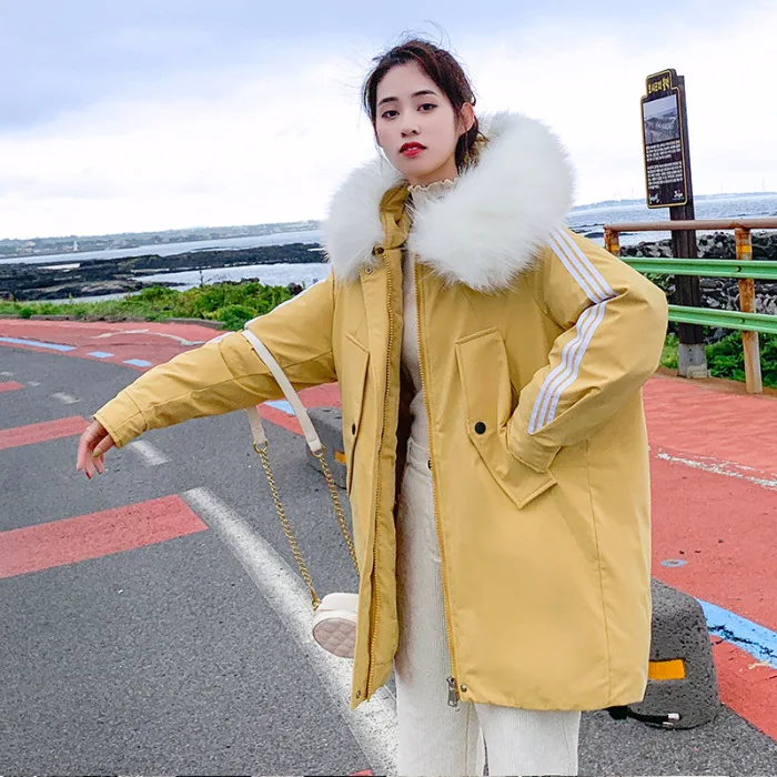 

Photo Shoot 2019 Autumn And Winter New Style down Jacket Women's Mid-length BF Sports Stripes Baseball Loose Cotton Coat Women's