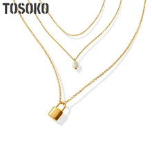 

TOSOKO Stainless Steel Jewelry Freshwater Pearl Double Layered Lock Pendant Necklace Women's Fashion Clavicle Chain BSP755