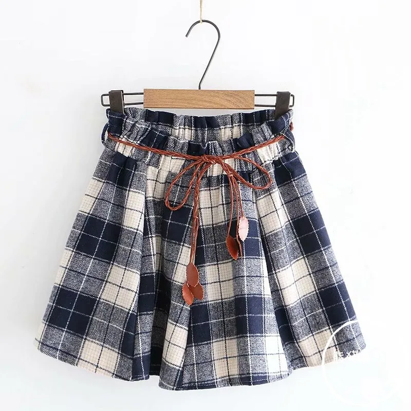 Зимние корейские Ретро женские юбки, японская винтажная клетчатая школьная форма, мини-юбка для девушек, Женская шерстяная короткая стильная плиссированная юбка - Цвет: Navy Plaid Skirt