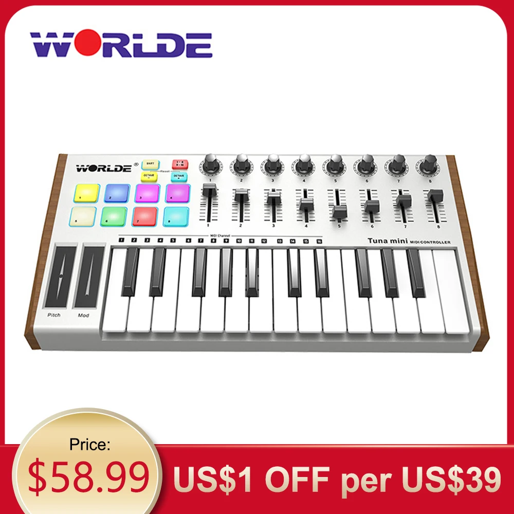 WORLDE Midi Keyboard Midi Controller TUNA 25-Key USB MIDI Keyboard Controller 8 RGB Backlit Trigger Pads with 6.35mm Pedal Jack