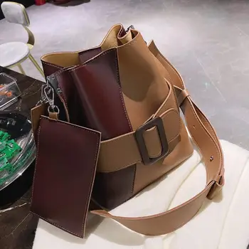 

Contrast color Bucket bag 2020 Fashion New High quality PU Leather Women's Designer Handbag Vintage Shoulder Messenger Bag
