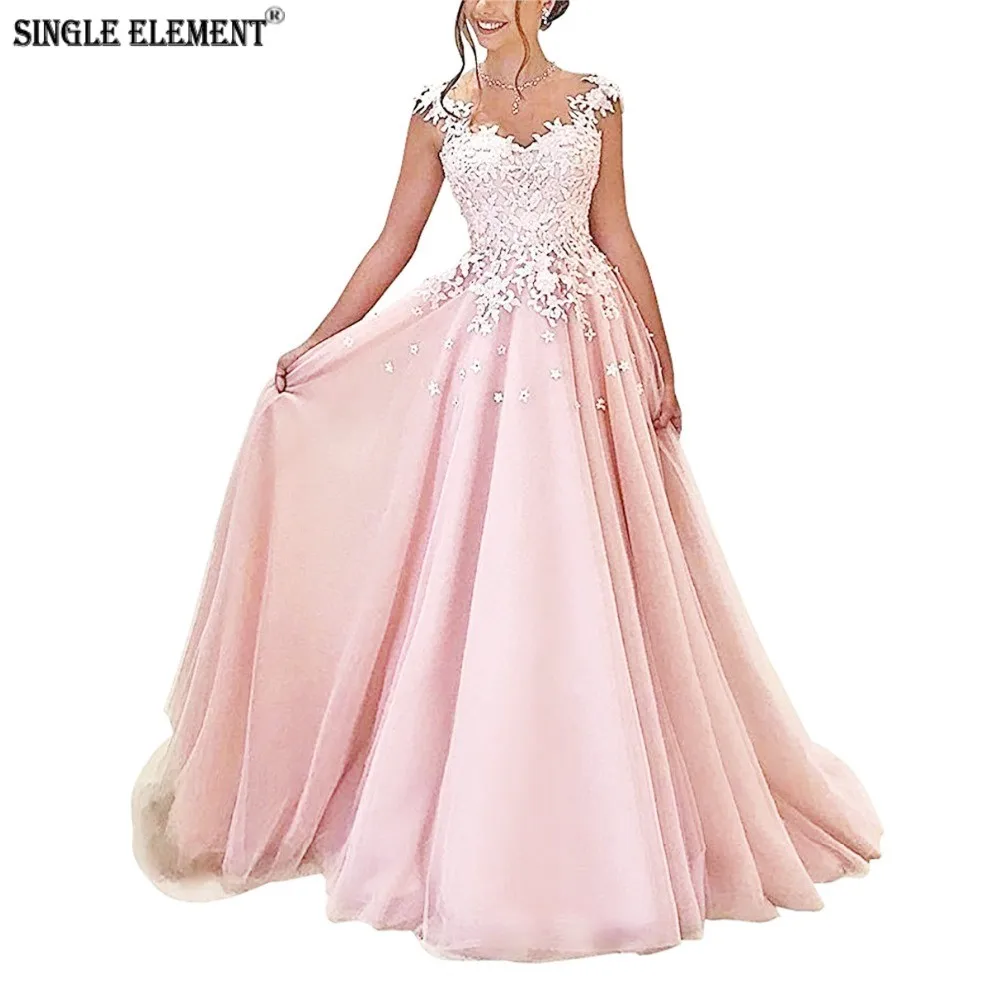 

SINGLE ELEMENT Pink Lace Applique Carnival Dress Long Evening Party Dresses