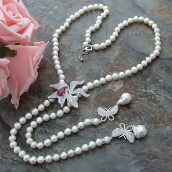 

124" natural 7-8MM White freshwater Pearl Necklace Zircon butterfly Pendant
