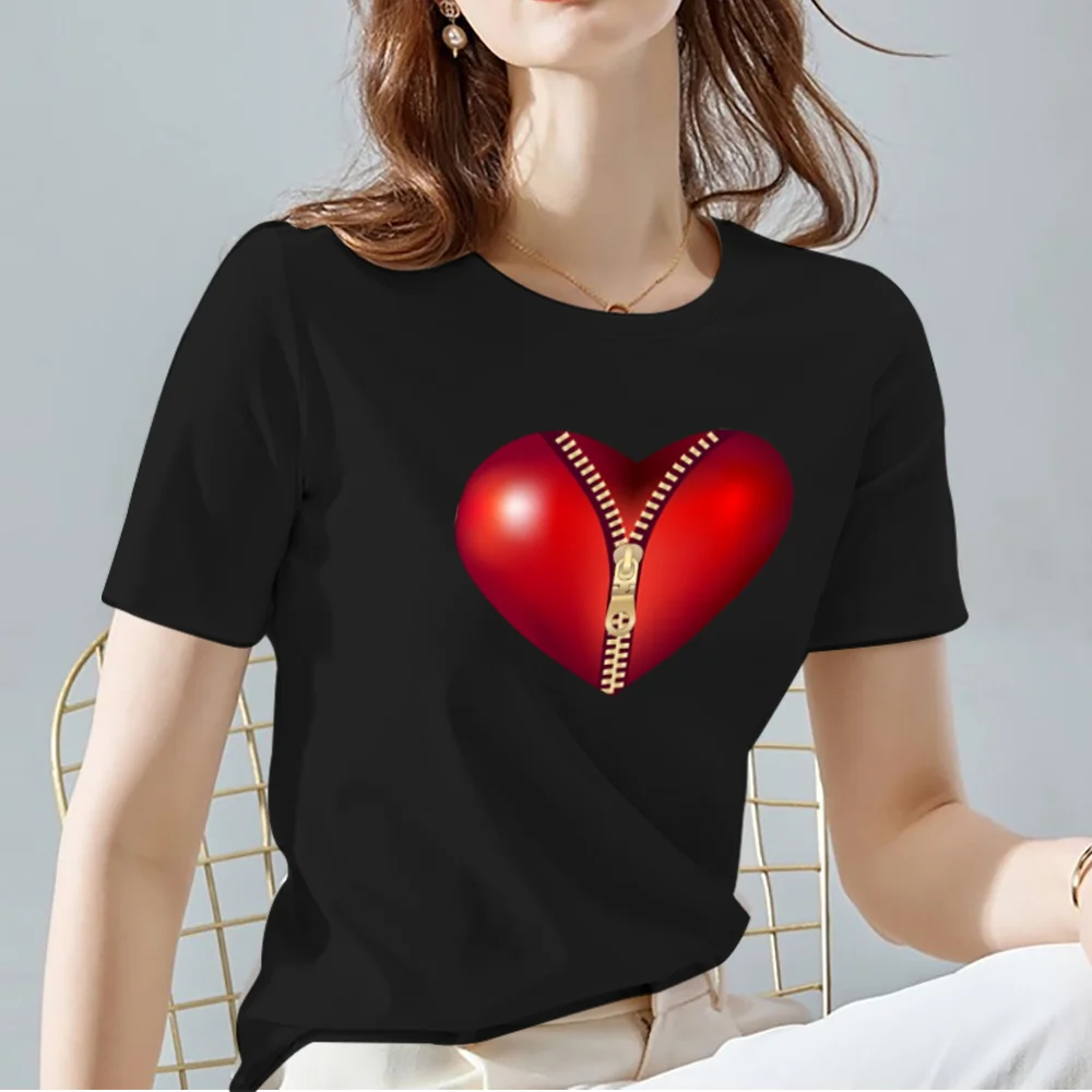Women Tops Tee Black All-match Casual Ladies T-Shirts O Neck Love Heart Pattern Print Commuter Short Sleeve Women's Clothing friends t shirt Tees