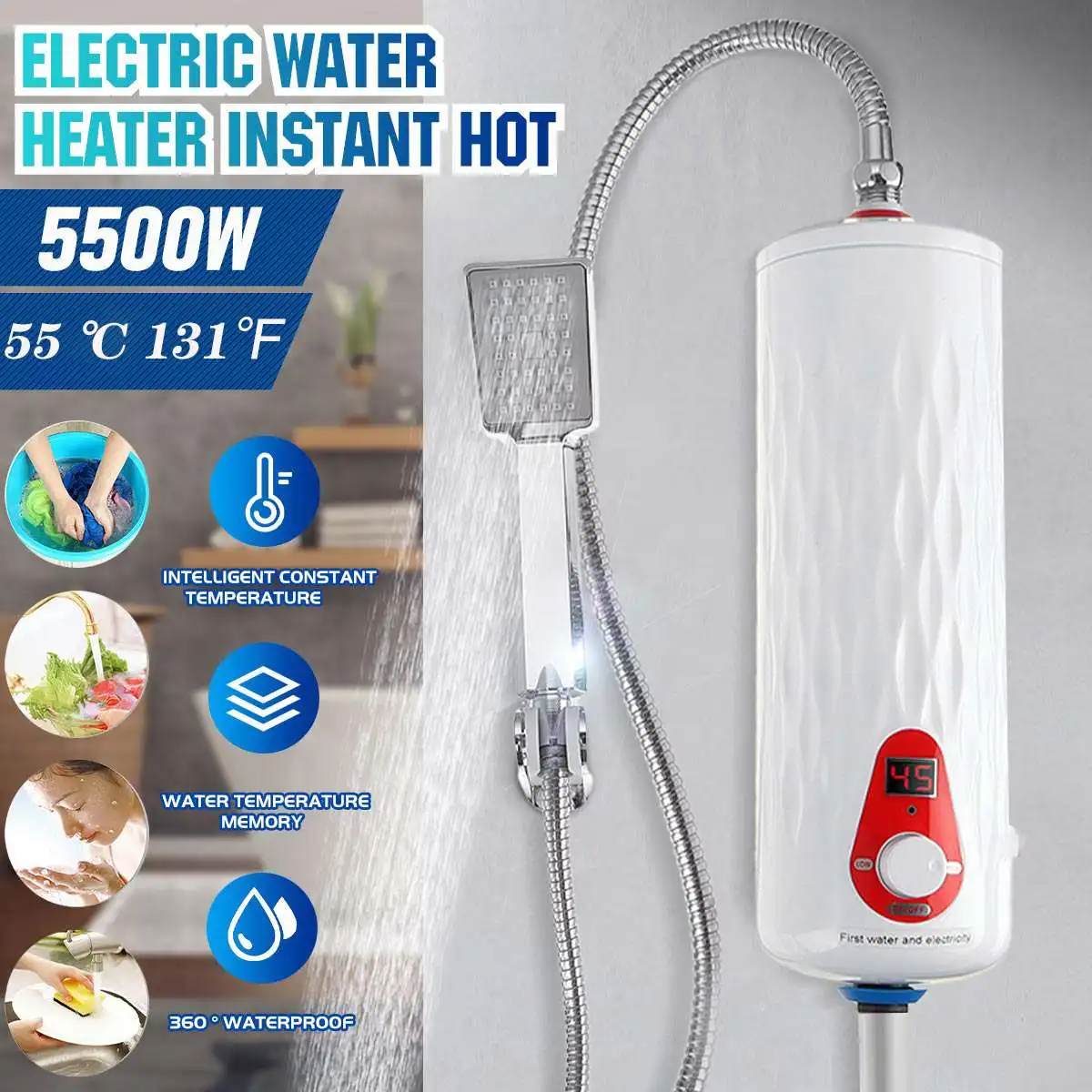 Calentador de agua eléctrico instantáneo sin tanque, sistema de flujo de agua caliente de 5500W, 3 modos de calentamiento rápido, para cocina, baño y ducha