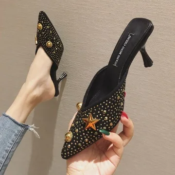 

Slippers Women Shoes Spring Summer Pointed Toe Mules Shoes Women Slippers Bow Small High Heel 7CM Slides Ladies Elegant Sandals
