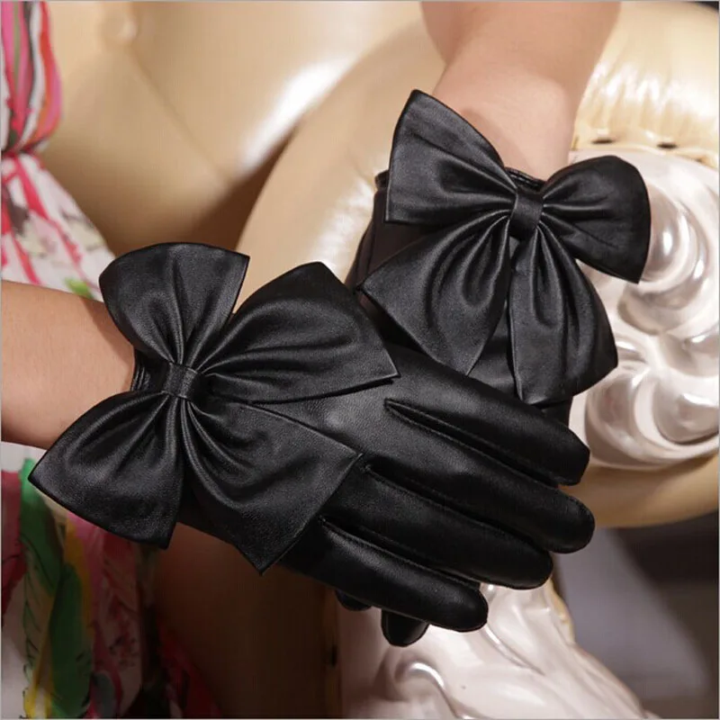 Vintage Elegant Women Gloves Butterfly Bow Wrist Soft Leather Winter Gloves Ladies Hand Gloves Handschuhe Перчатки Женские