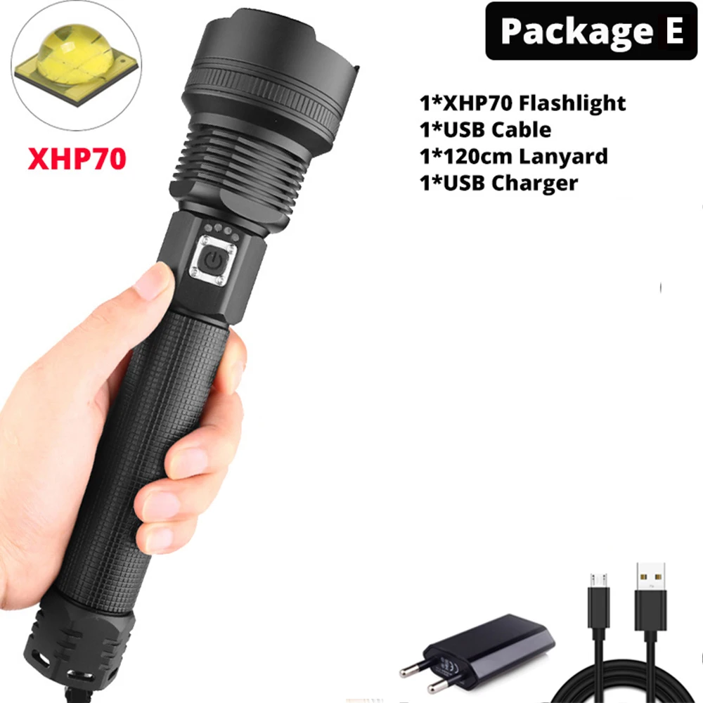 Супер яркий XHP70 светодиодный светильник-вспышка XLamp Zoom фонарь мощный светильник USB Перезаряжаемый водонепроницаемый светильник для использования 18650 26650 для кемпинга - Испускаемый цвет: Package   E