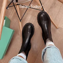 BeauToday-Botines con plataforma de piel de vaca para mujer, botas Chelsea de punta redonda con banda elástica y suela gruesa, zapatos hechos a mano, 02379