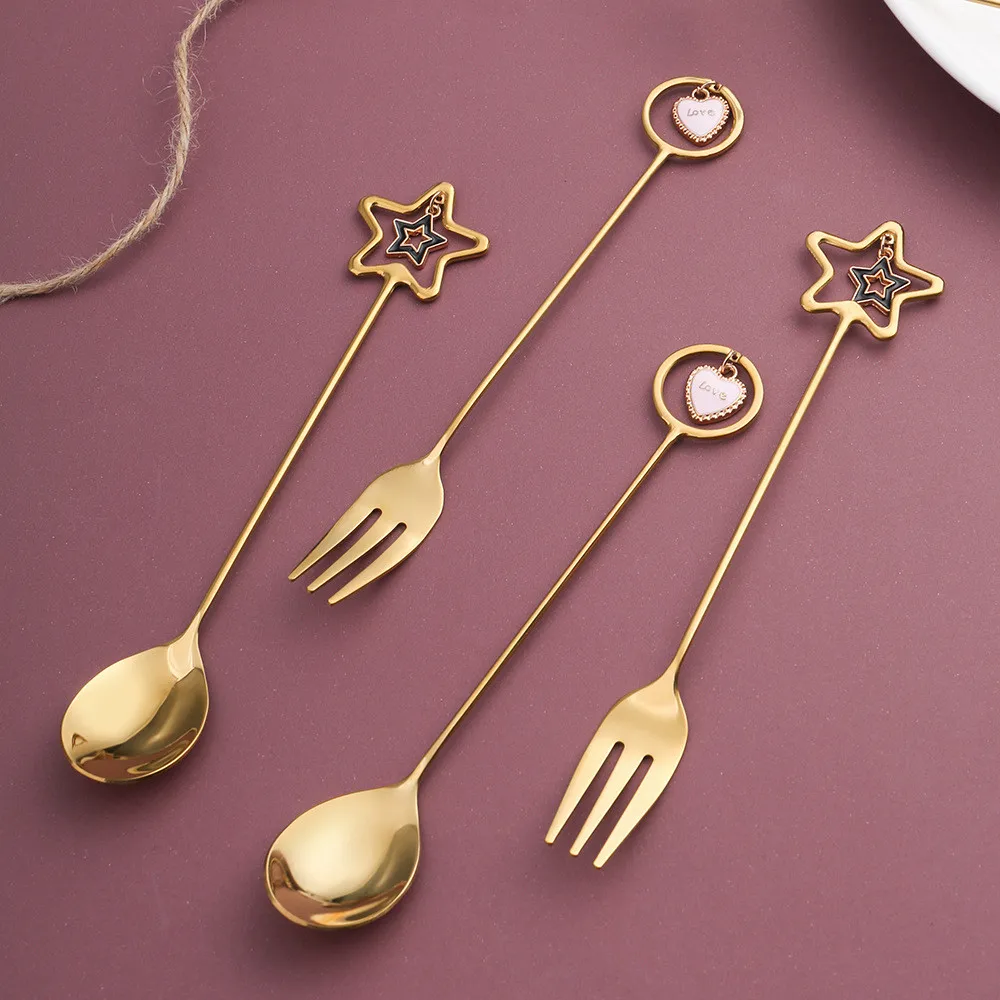 304 Stainless Steel Creative Cute Coffee Spoon Small Pendant Long Handle Water Cup Stirring Spoon Dessert Salad Fruit Fork 1PCS