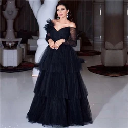 Black Holy Communion Evening Dresses for Ladies 2022 Fulle Sleeve Off-The-Shoulder вечернее платье with Soft Tulle Tiered Robes